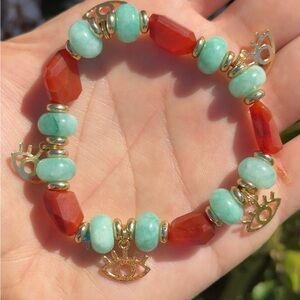 Gold Eye Charm Carnelian and Jade Stretch Bracelet - Green & Orange 14k plated